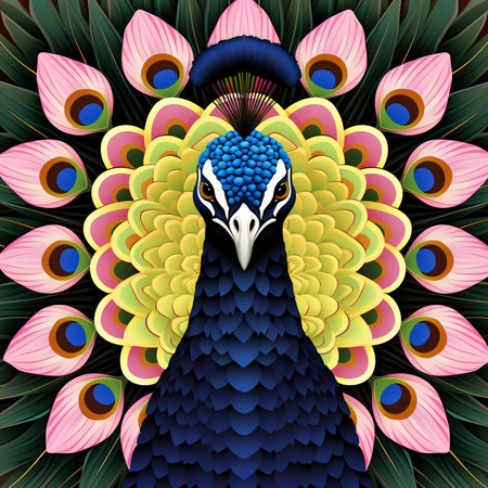 Peacock with colorful feathers on green background.の素材