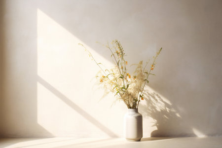 Vase with beautiful dry flowers on table near light wall. Interior designの素材