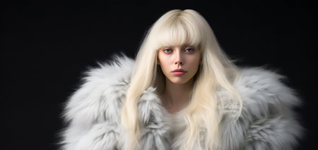 Portrait of a beautiful blonde in a white fur coat on a black backgroundの素材