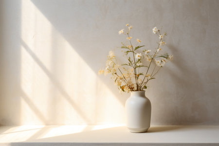 Vase with beautiful gypsophila flowers on table near light wallの素材