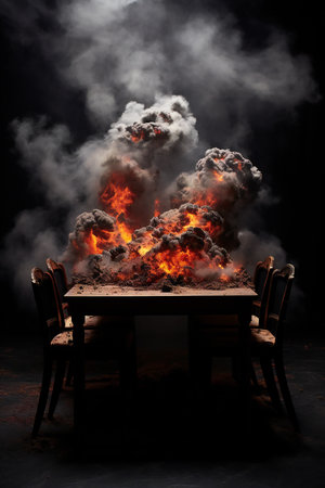Wooden table with burning bonfire and smoke on black background.の素材