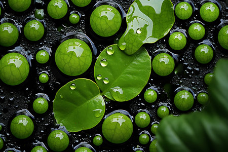 Green leaves with water drops on black background. Abstract nature background.の素材