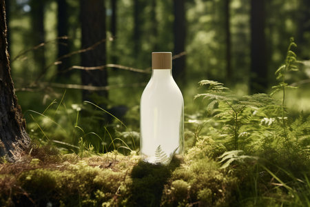 bottle of perfume in the forest, closeup on a mossの素材