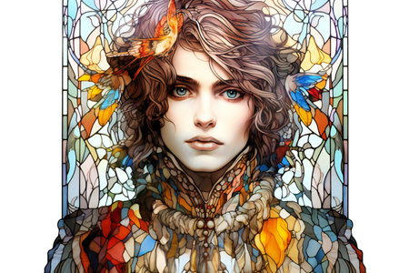 Portrait of a beautiful young woman in a stained glass window.の素材