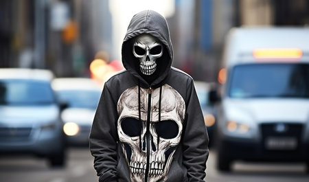 Skull wearing a hoodie on the streets of New York Cityの素材