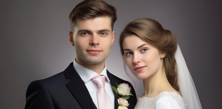 bride and groom on a gray background. portrait of a young coupleの素材