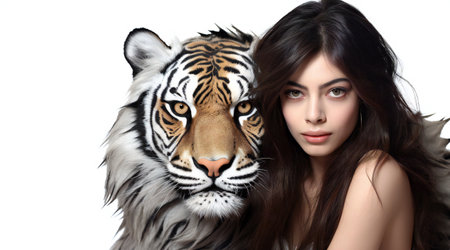 Portrait of a beautiful girl with a tiger on a white backgroundの素材