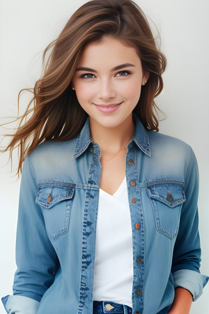 Portrait of a beautiful young woman in a denim jacket against a white wall.の素材