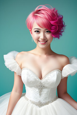 Beautiful asian bride with pink hair and white wedding dress.の素材