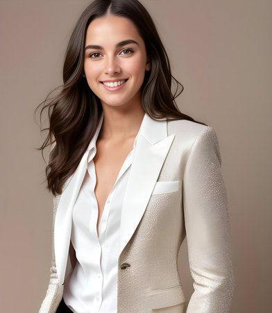 Portrait of a beautiful young brunette woman in a white jacketの素材