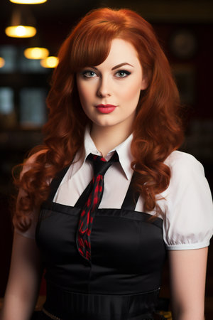 Portrait of beautiful young woman with red hair in a cafe.の素材