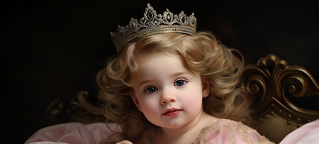 Portrait of a beautiful little girl in a pink dress and a crownの素材