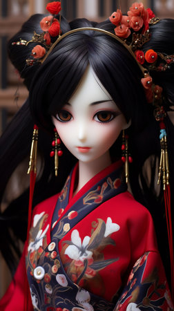 Hina doll in red kimono on the background of a bookcaseの素材