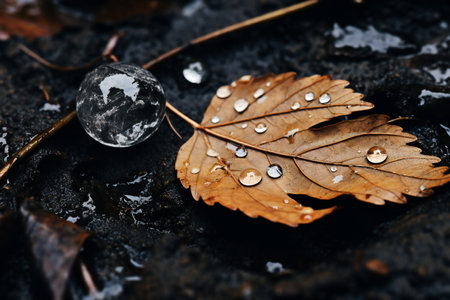 Water droplets on a dry leaf on a black stone background.の素材