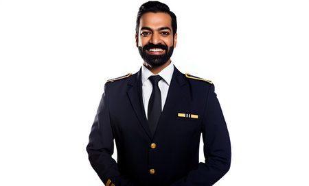 Portrait of a handsome pilot in uniform isolated on a white backgroundの素材