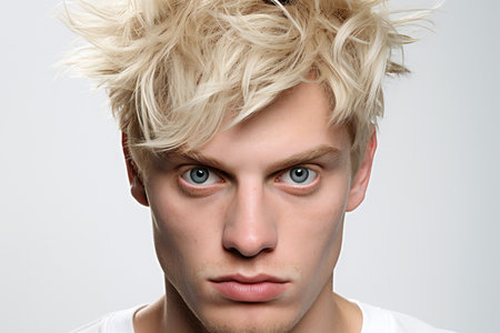 Portrait of a young man with blond hair on gray background.の素材