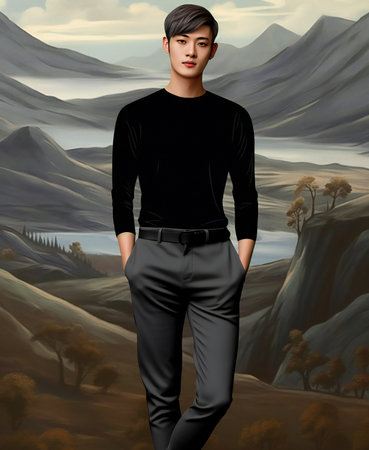 a handsome asian man in a desert landscapeの素材