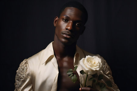 Portrait of a handsome african american man with white roseの素材