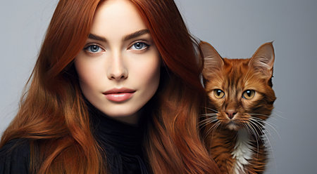 Portrait of a beautiful woman with red hair and a cat.の素材