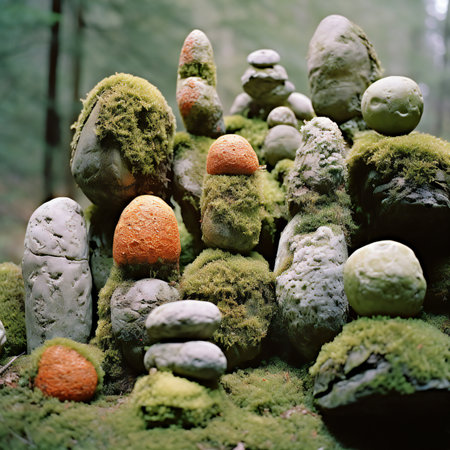 Moss and stones in the forest, close-up photo.の素材