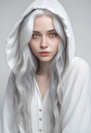 Beautiful young woman with long white hair and a white hood on her headの素材