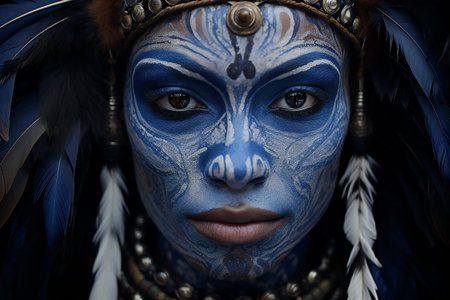 Close up portrait of a beautiful young woman with blue indian maskの素材