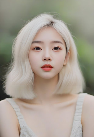 Portrait of a beautiful asian woman with white hair and blue eyesの素材