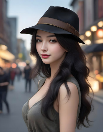 beautiful asian woman wearing a hat walking in the city.の素材