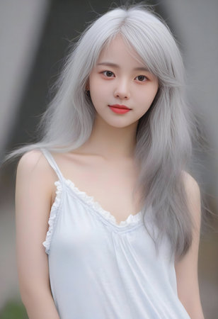 Portrait of asian woman in white dress on blurred background.の素材