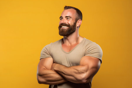Portrait of a smiling man with arms crossed on a yellow backgroundの素材