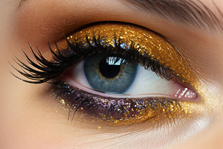 Close-up shot of beautiful woman's eye with golden make-upの素材