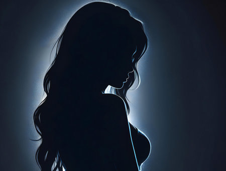 Silhouette of a beautiful young woman with long curly hair.の素材