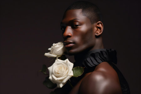 Portrait of a beautiful african american man with white roseの素材