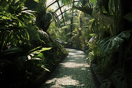 Tropical walkway in botanical garden. Nature green backgroundの素材