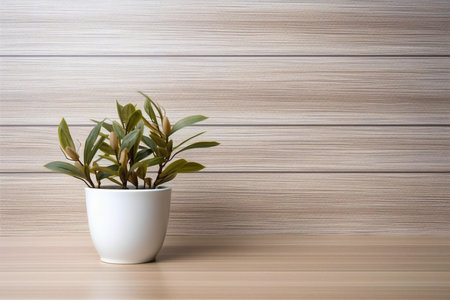 Indoor plant in white pot on wooden background. Copy space.の素材
