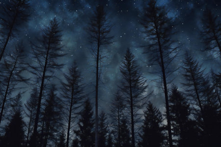 Silhouette of pine trees in the night sky with stars.の素材