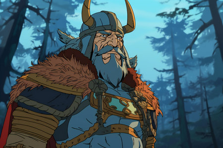 Viking warrior in the forest. Illustration in cartoon style.の素材