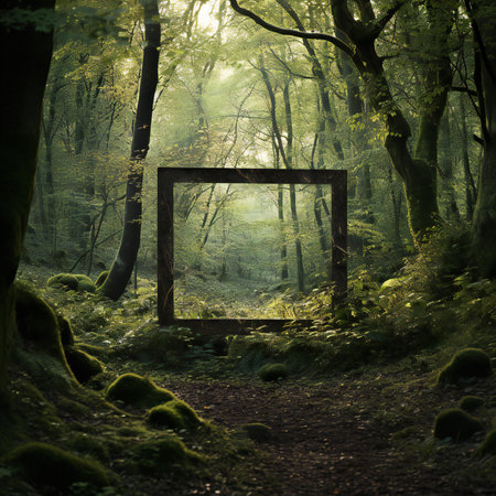 Mysterious dark forest with wooden frame. Halloween concept image.の素材
