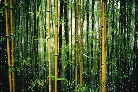 Bamboo forest with raindrops on green leaves background. Natural background.の素材
