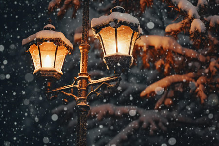 Vintage street lamp in winter snowfall. Christmas and New Year background.の素材