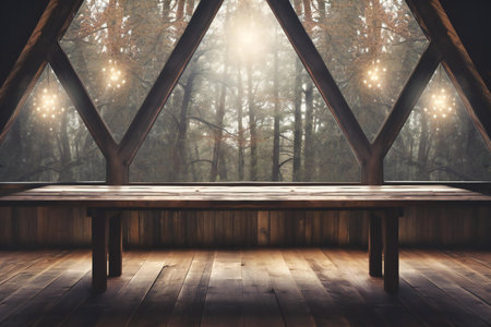 Wooden table in a dark forest with a glowing garland.の素材