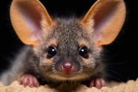 Close-up of a little mouse, isolated on black background.の素材