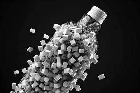 plastic bottle full of sugar cubes on black backgroundの素材