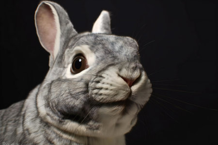 gray chinchilla on a black background close-up portrait.の素材