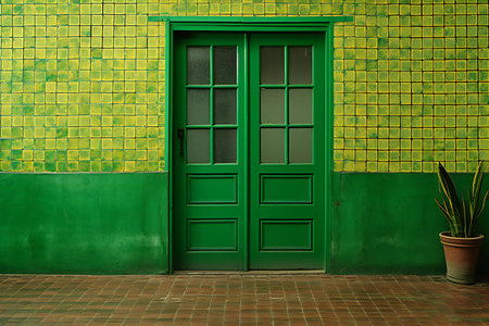 Green door with yellow tile wall and flower pot in the background.の素材