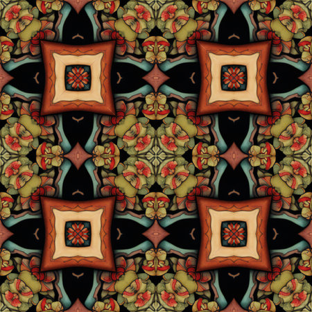 Kaleidoscopic ornamental floral seamless pattern in black and orange colorsの写真素材