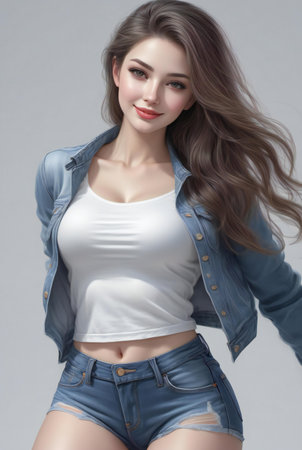Portrait of a beautiful young woman with long hair in jeans shorts and a denim jacket.の素材