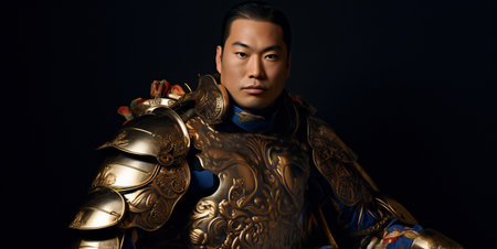 Portrait of a samurai in armor on a black background. Shot in a studio.の素材