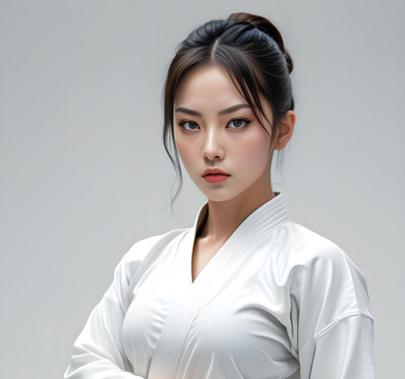 Portrait of beautiful asian woman in kimono with white backgroundの素材