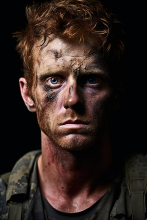 Portrait of a red-haired soldier with dirty wounded face on black backgroundの素材